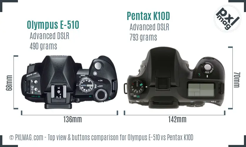 Olympus E-510 vs Pentax K10D top view buttons comparison