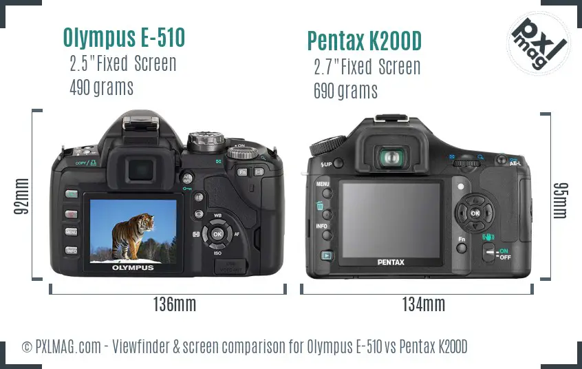 Olympus E-510 vs Pentax K200D Screen and Viewfinder comparison