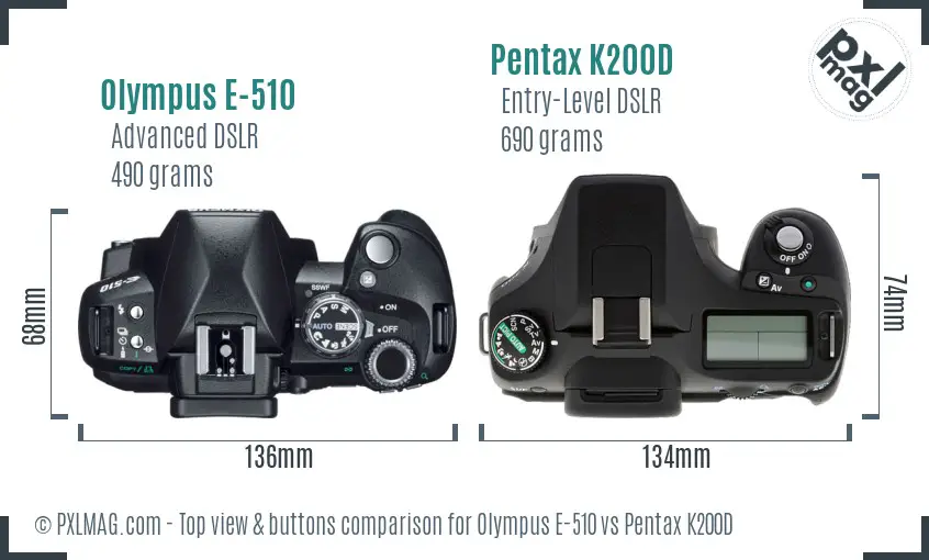 Olympus E-510 vs Pentax K200D top view buttons comparison