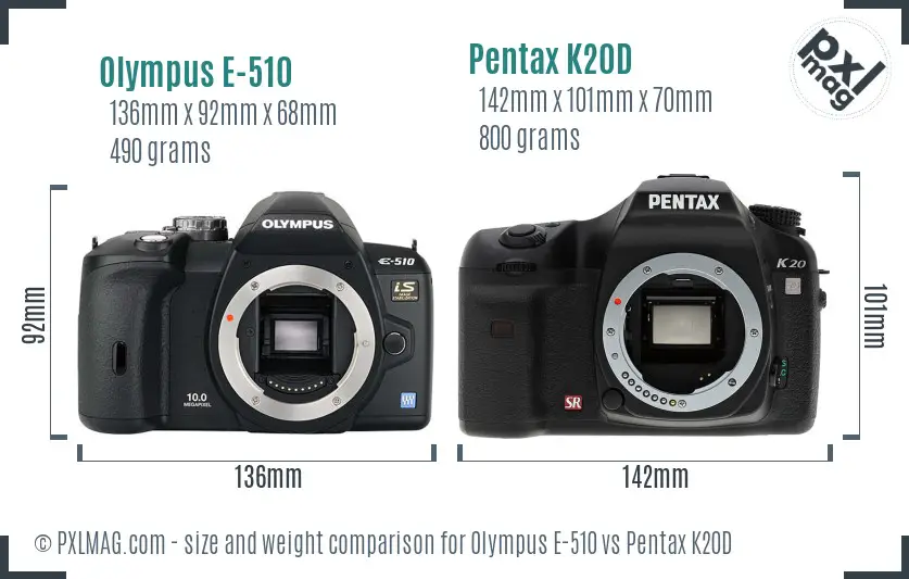 Olympus E-510 vs Pentax K20D size comparison