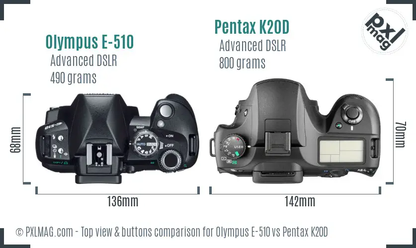 Olympus E-510 vs Pentax K20D top view buttons comparison
