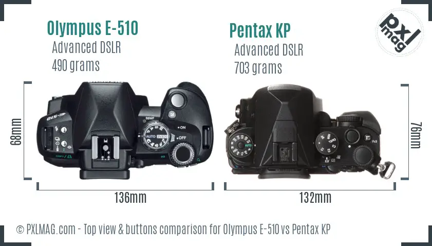 Olympus E-510 vs Pentax KP top view buttons comparison