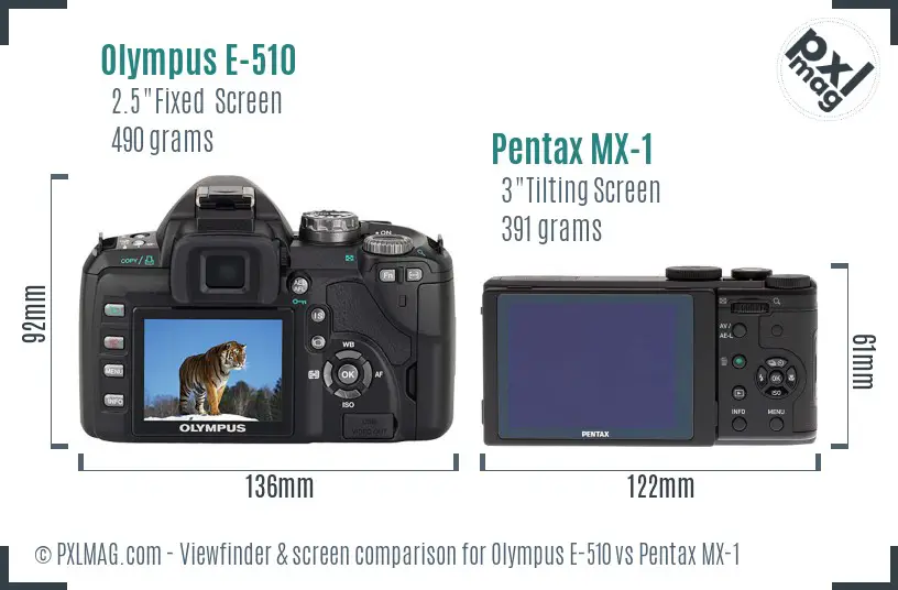 Olympus E-510 vs Pentax MX-1 Screen and Viewfinder comparison