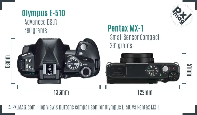Olympus E-510 vs Pentax MX-1 top view buttons comparison