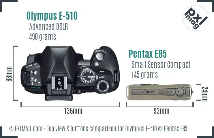 Olympus E-510 vs Pentax E85 top view buttons comparison