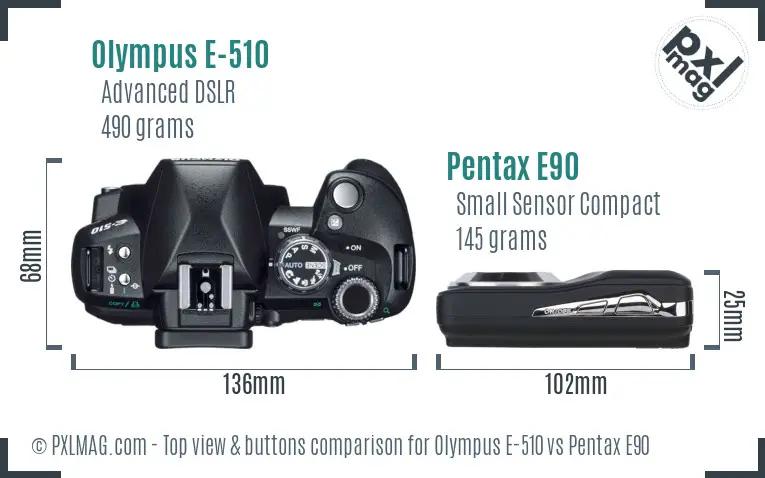 Olympus E-510 vs Pentax E90 top view buttons comparison