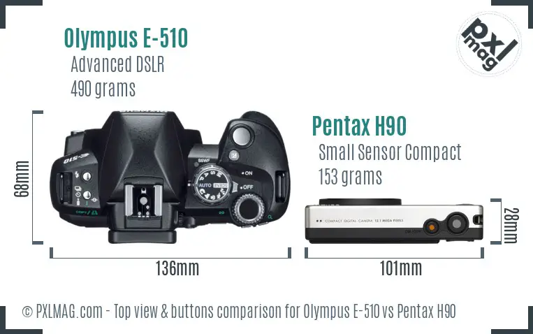 Olympus E-510 vs Pentax H90 top view buttons comparison