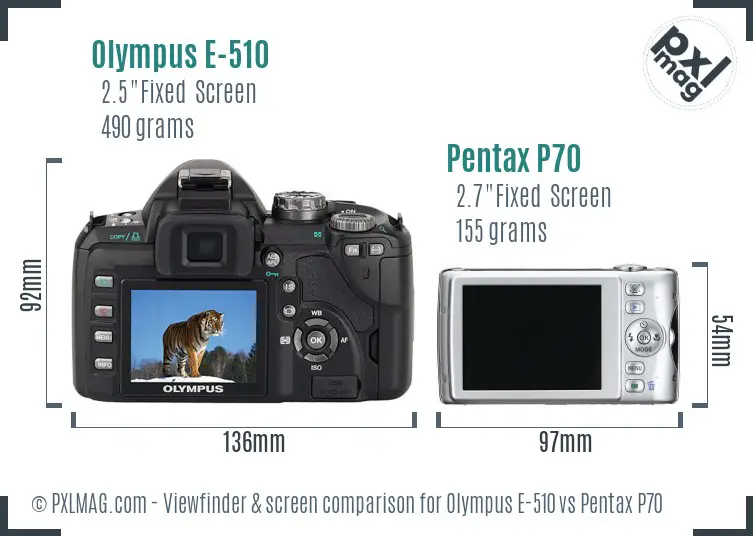 Olympus E-510 vs Pentax P70 Screen and Viewfinder comparison
