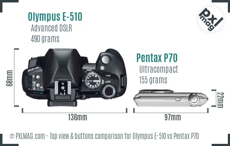 Olympus E-510 vs Pentax P70 top view buttons comparison