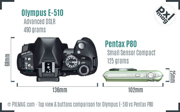 Olympus E-510 vs Pentax P80 top view buttons comparison