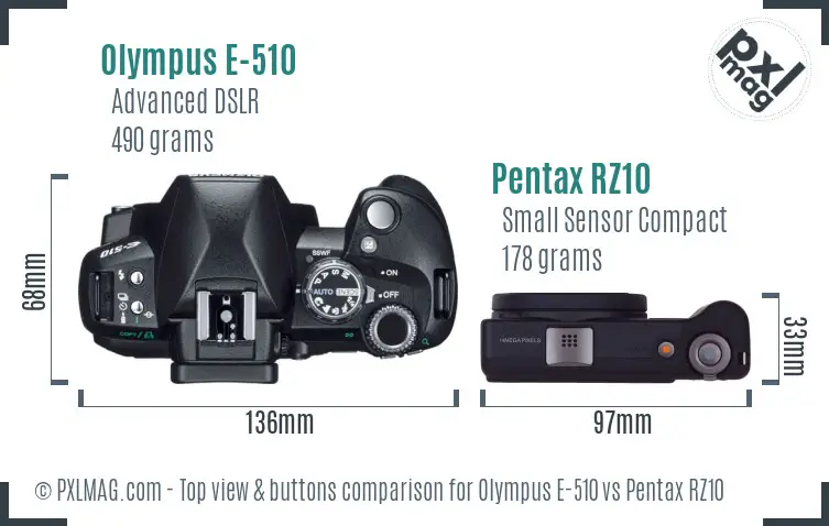 Olympus E-510 vs Pentax RZ10 top view buttons comparison