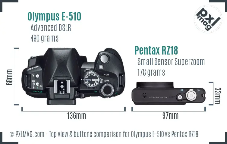 Olympus E-510 vs Pentax RZ18 top view buttons comparison