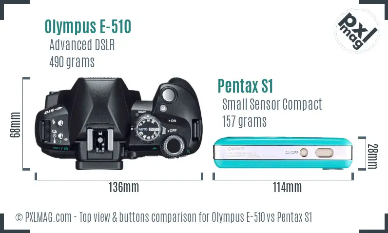 Olympus E-510 vs Pentax S1 top view buttons comparison