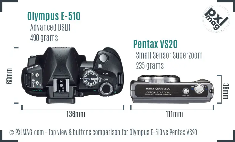 Olympus E-510 vs Pentax VS20 top view buttons comparison