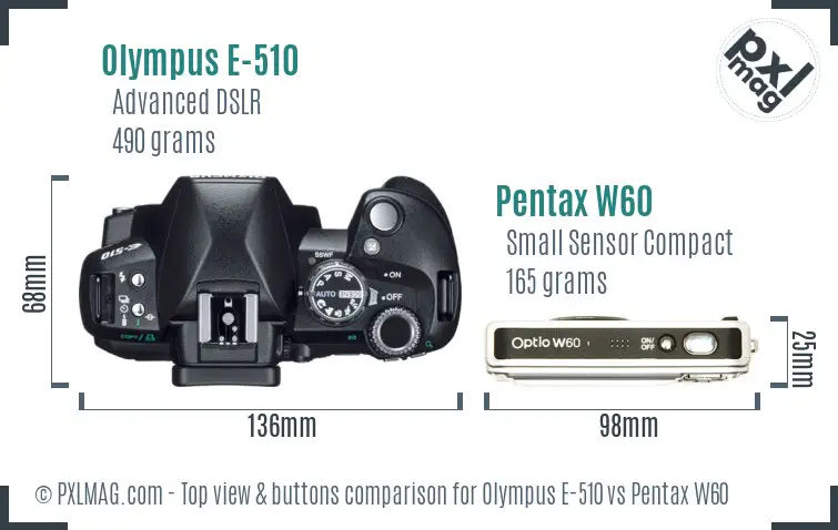 Olympus E-510 vs Pentax W60 top view buttons comparison