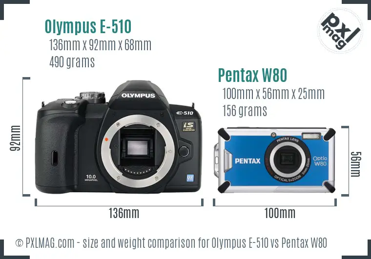 Olympus E-510 vs Pentax W80 size comparison