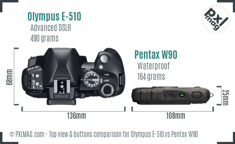 Olympus E-510 vs Pentax W90 top view buttons comparison