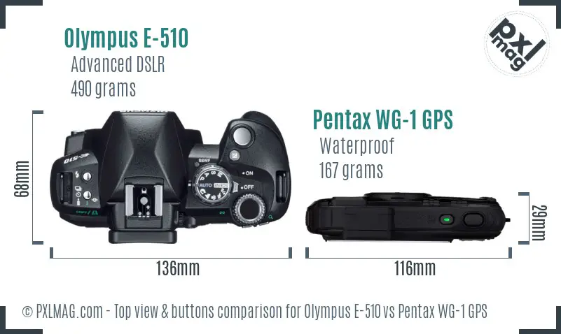 Olympus E-510 vs Pentax WG-1 GPS top view buttons comparison