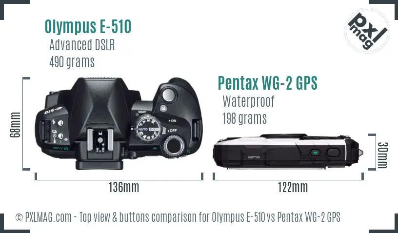 Olympus E-510 vs Pentax WG-2 GPS top view buttons comparison