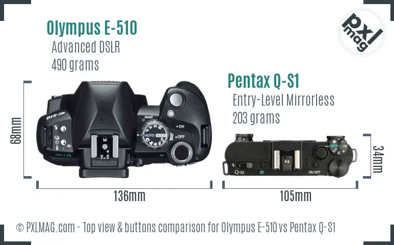 Olympus E-510 vs Pentax Q-S1 top view buttons comparison