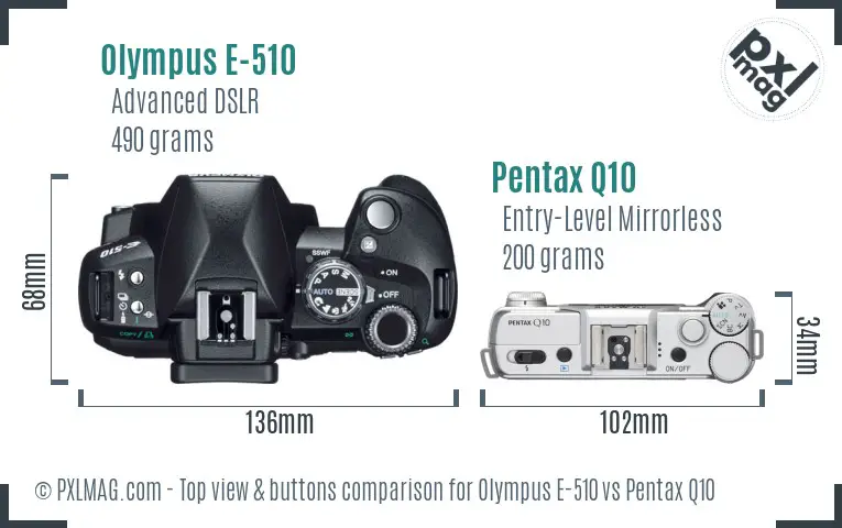 Olympus E-510 vs Pentax Q10 top view buttons comparison