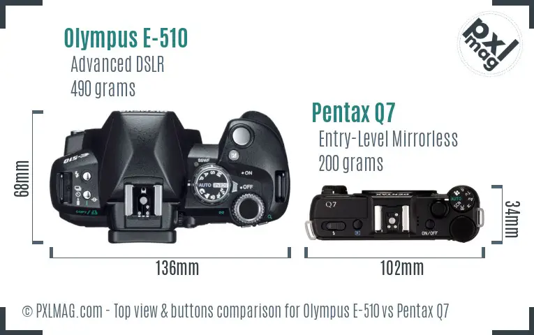 Olympus E-510 vs Pentax Q7 top view buttons comparison