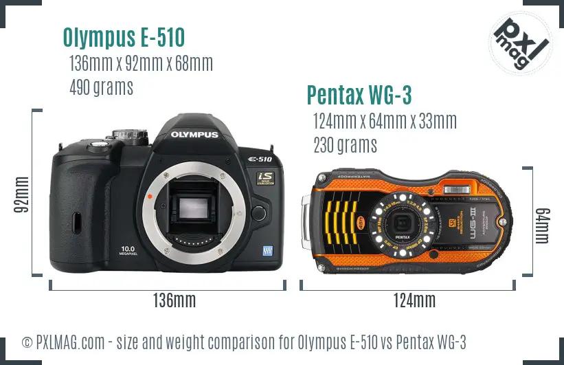 Olympus E-510 vs Pentax WG-3 size comparison