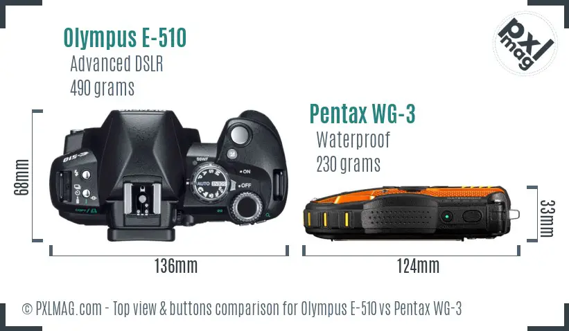 Olympus E-510 vs Pentax WG-3 top view buttons comparison