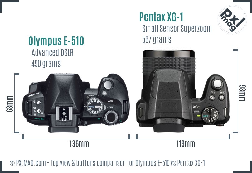 Olympus E-510 vs Pentax XG-1 top view buttons comparison