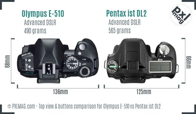 Olympus E-510 vs Pentax ist DL2 top view buttons comparison