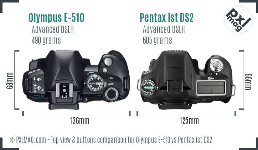 Olympus E-510 vs Pentax ist DS2 top view buttons comparison