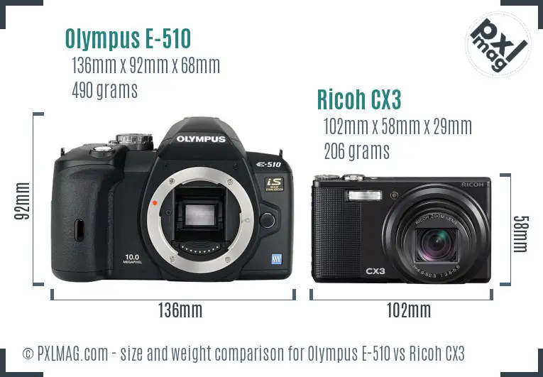 Olympus E-510 vs Ricoh CX3 size comparison Olympus E-510 vs Ricoh CX3 size comparison