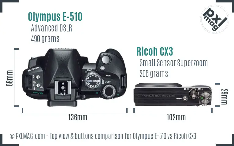 Olympus E-510 vs Ricoh CX3 top view buttons comparison Olympus E-510 vs Ricoh CX3 top view buttons comparison