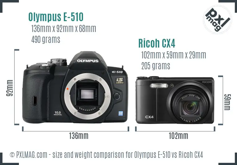 Olympus E-510 vs Ricoh CX4 size comparison Olympus E-510 vs Ricoh CX4 size comparison