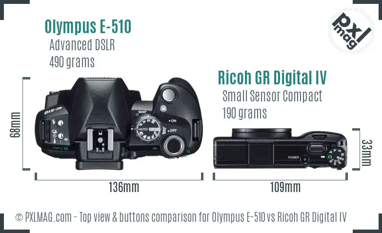 Olympus E-510 vs Ricoh GR Digital IV top view buttons comparison