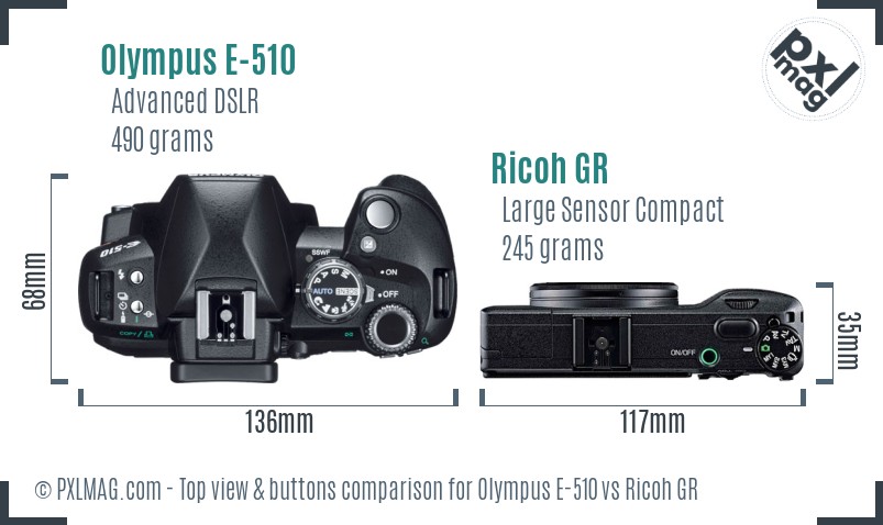 Olympus E-510 vs Ricoh GR top view buttons comparison