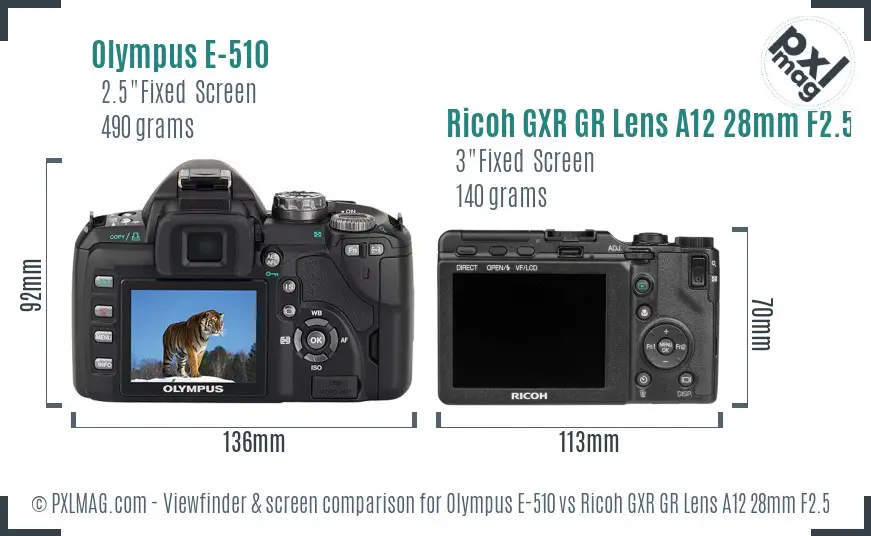 Olympus E-510 vs Ricoh GXR GR Lens A12 28mm F2.5 Screen and Viewfinder comparison
