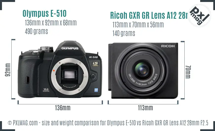 Olympus E-510 vs Ricoh GXR GR Lens A12 28mm F2.5 size comparison