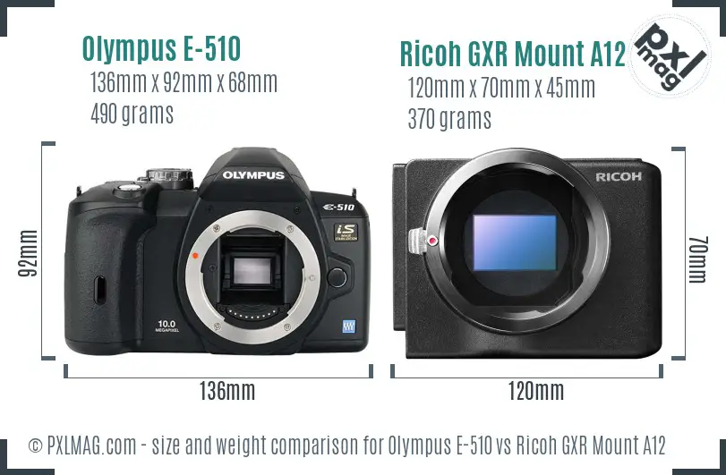 Olympus E-510 vs Ricoh GXR Mount A12 size comparison