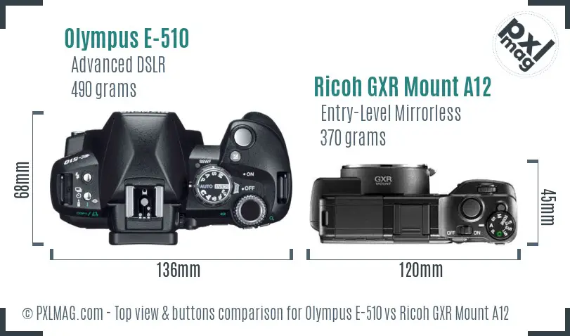 Olympus E-510 vs Ricoh GXR Mount A12 top view buttons comparison