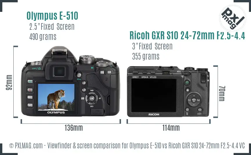 Olympus E-510 vs Ricoh GXR S10 24-72mm F2.5-4.4 VC Screen and Viewfinder comparison