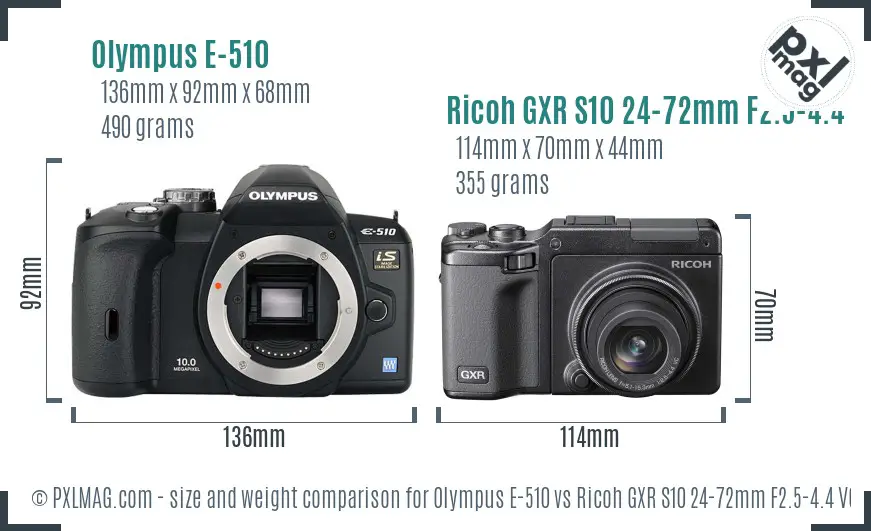 Olympus E-510 vs Ricoh GXR S10 24-72mm F2.5-4.4 VC size comparison