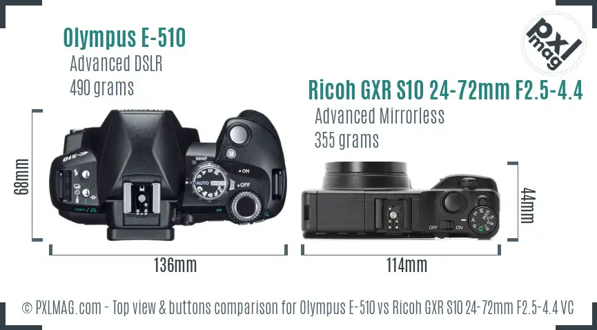 Olympus E-510 vs Ricoh GXR S10 24-72mm F2.5-4.4 VC top view buttons comparison