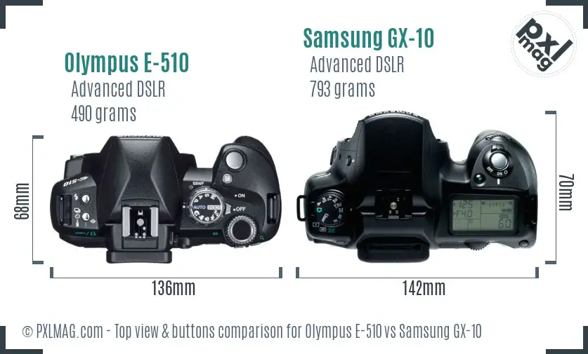 Olympus E-510 vs Samsung GX-10 top view buttons comparison