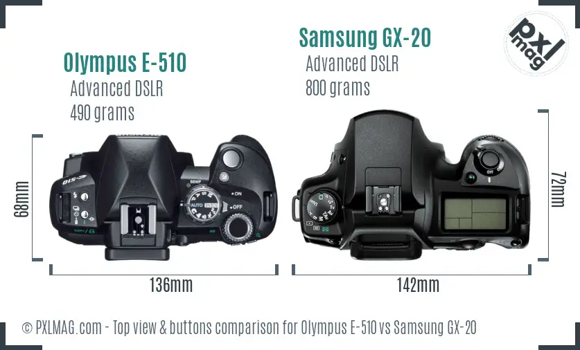 Olympus E-510 vs Samsung GX-20 top view buttons comparison
