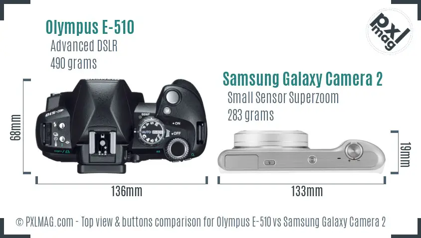 Olympus E-510 vs Samsung Galaxy Camera 2 top view buttons comparison