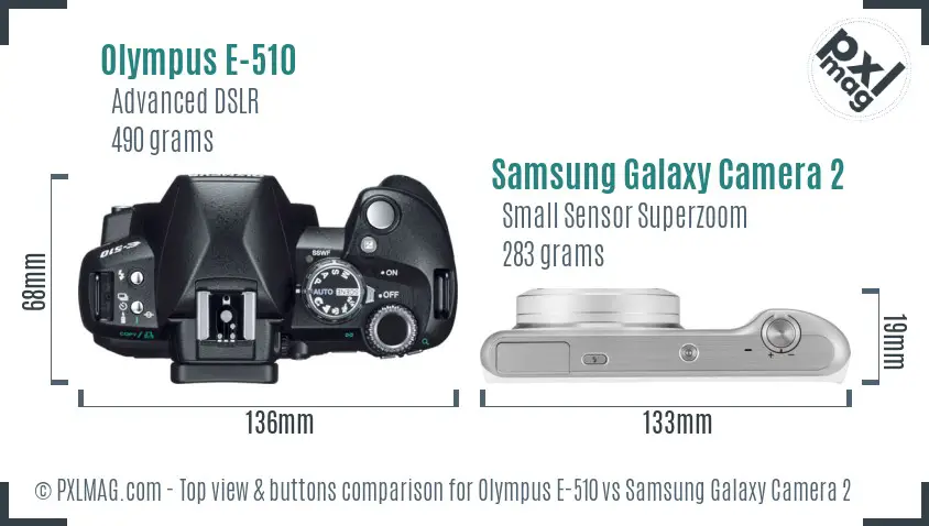 Olympus E-510 vs Samsung Galaxy Camera 2 top view buttons comparison Olympus E-510 vs Samsung Galaxy Camera 2 top view buttons comparison