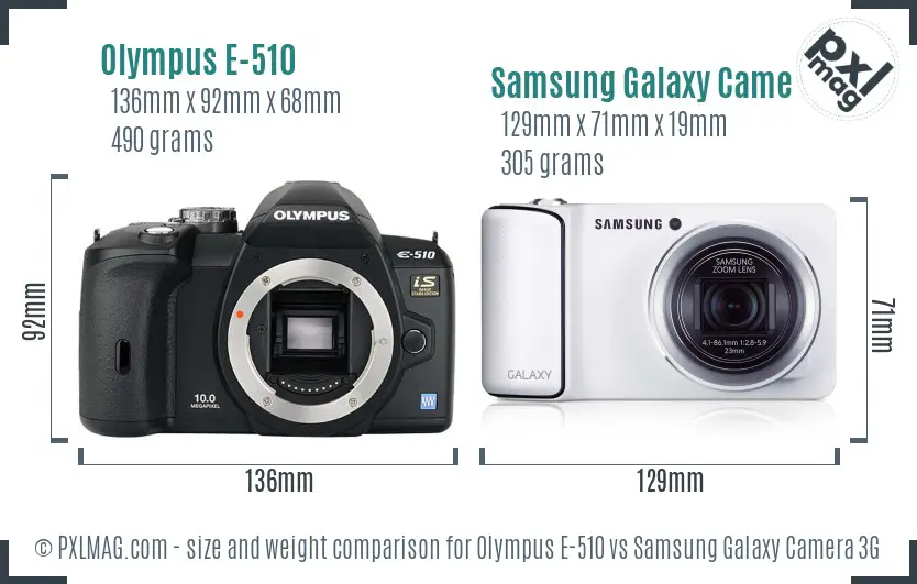 Olympus E-510 vs Samsung Galaxy Camera 3G size comparison Olympus E-510 vs Samsung Galaxy Camera 3G size comparison