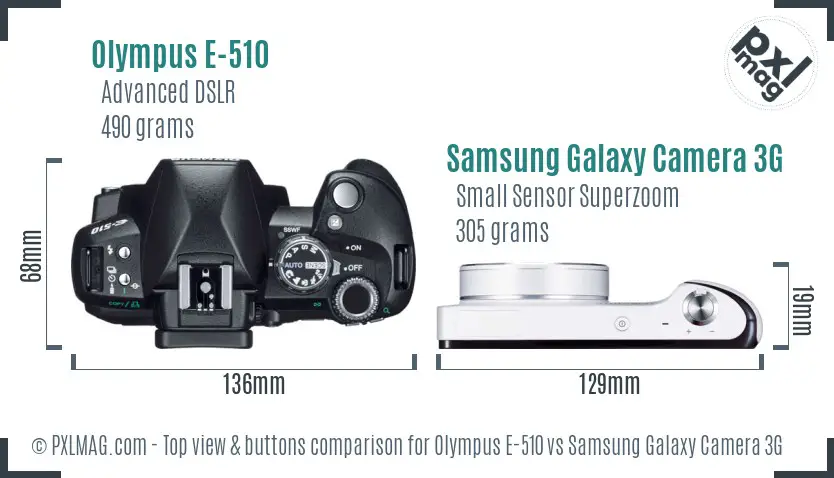 Olympus E-510 vs Samsung Galaxy Camera 3G top view buttons comparison Olympus E-510 vs Samsung Galaxy Camera 3G top view buttons comparison