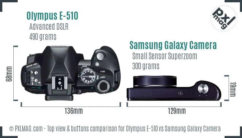 Olympus E-510 vs Samsung Galaxy Camera top view buttons comparison
